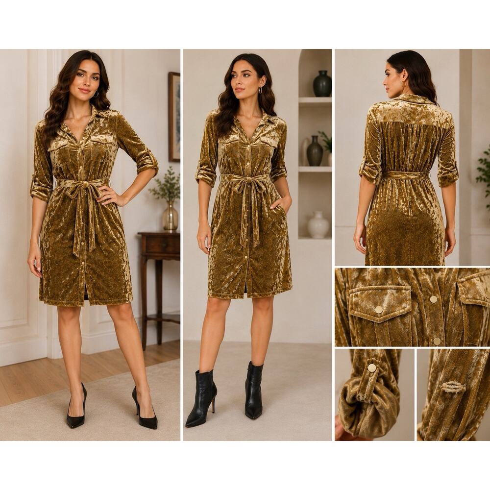 Christy & Co USA Gold Crushed Velvet Shirt Dress Womens US 6 Tie Waist Midi Glam